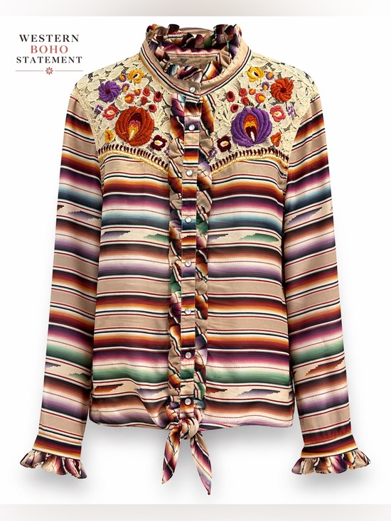 Double D Ranch Tops - Double D Ranch Santa Rita Blouse Western Pearl Snap Serape Embroidered Boho Top